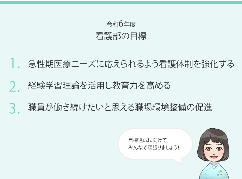 看護部の目標 1.看護の更なる標準化・効率化を図る 2.共育体制を強化する 3.「対話」を重視したチーム運営を推進する